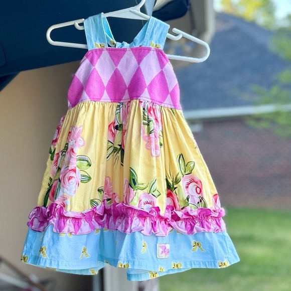 Girls boutique yellow/pink/blue floral sleeveless Dress with ruffles 18m - Picture 1 of 12